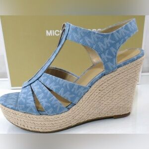 Michael Kors Berkley Platform Wedge Sandals MK Logo Canvas Denim Size 6